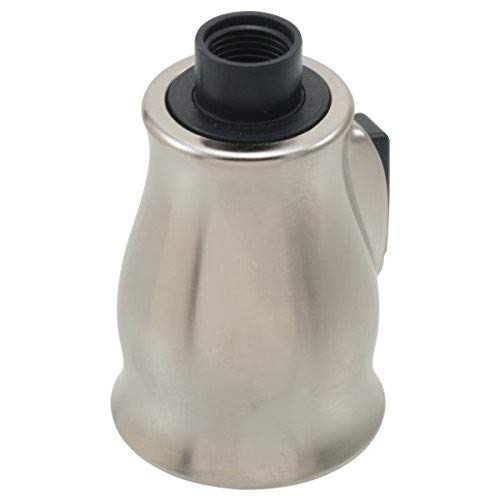 Stainless steel pull-down spray head with black collar and threaded connection port.