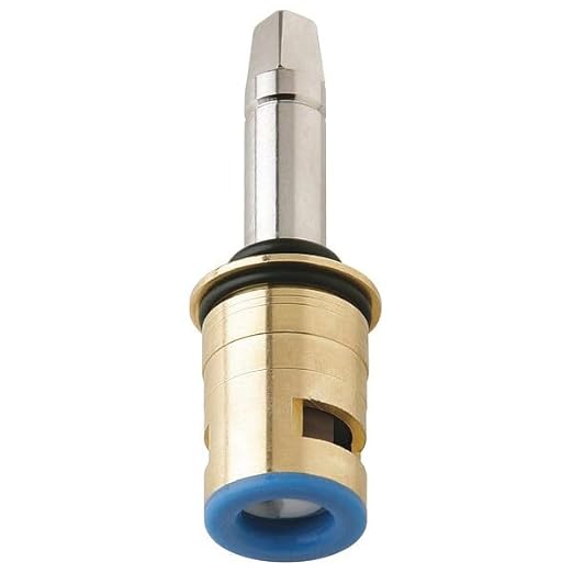 Chicago Faucets ceramic cartridge with long chrome stem, brass body, and blue rubber seal.