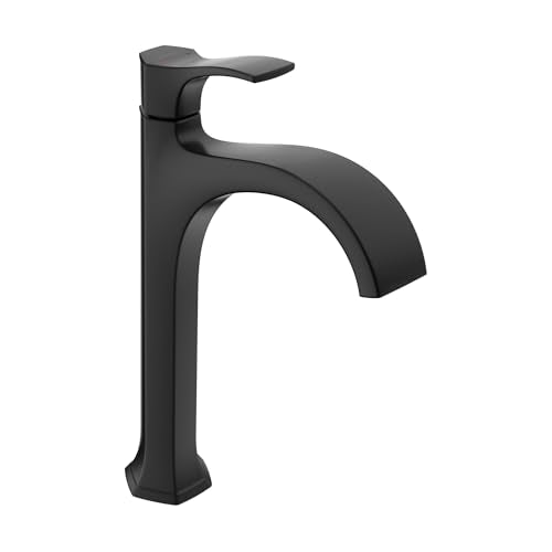 Matte black single-hole bathroom faucet with tall curved spout and lever handle.