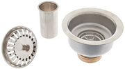 Stainless steel basket strainer with perforated drain plate, cylindrical sleeve, and sink flange components.