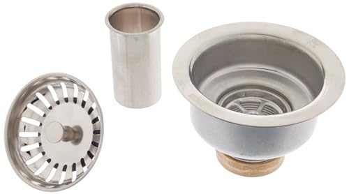 Stainless steel basket strainer with perforated drain plate, cylindrical sleeve, and sink flange components.