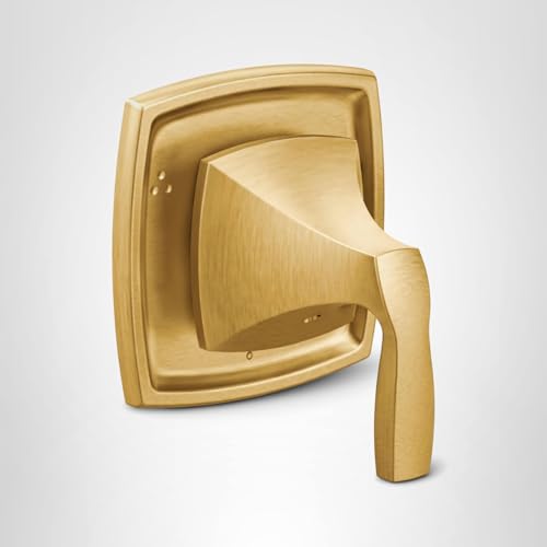 Brushed gold shower valve trim kit with curved square escutcheon plate and single lever handle.