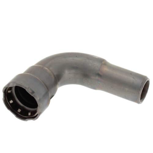 Silver metallic 90-degree street elbow fitting with press connection on left and smooth outlet on right.