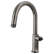 Black Onyx pull-down kitchen faucet with curved arc spout and side control lever.