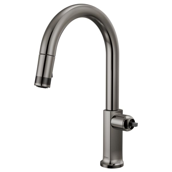 Black Onyx pull-down kitchen faucet with curved arc spout and side control lever.