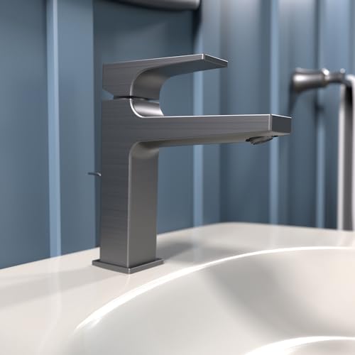 Brushed black chrome single-hole bathroom faucet with angular lever handle and curved spout mounted on white sink.