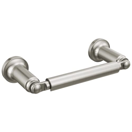 Brushed stainless steel tissue holder with two mounting flanges and decorative end caps.
