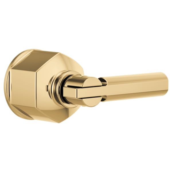 Polished gold thermostatic valve trim with lever handle and hexagonal mounting plate.
