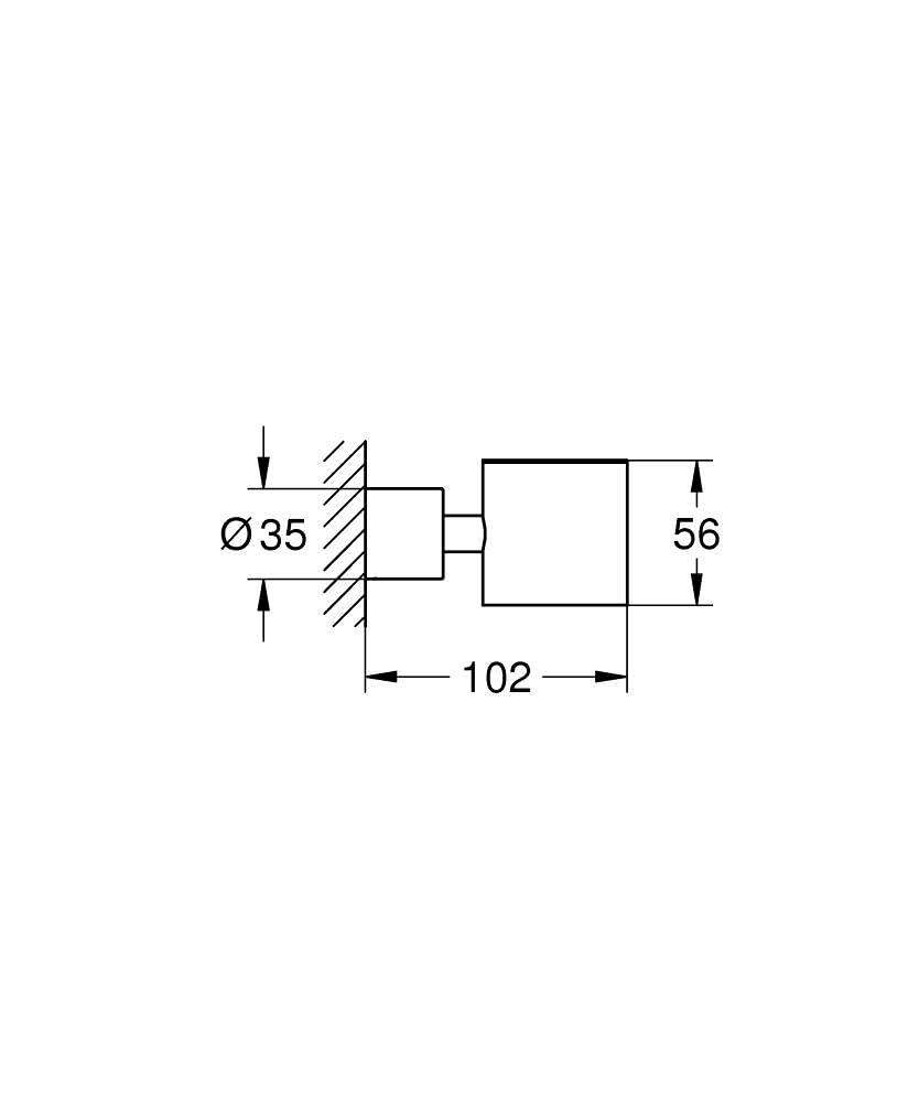 Chrome wall-mounted holder with rectangular basket and circular mounting point, technical schematic with dimensions.