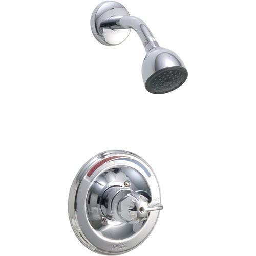 Chrome single-handle shower trim with round showerhead and wall-mounted valve control.