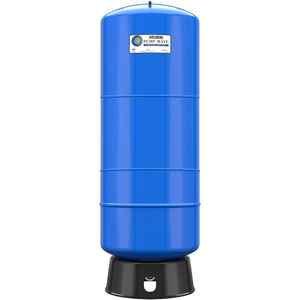 Blue cylindrical pressure tank with "State Pump Mate" label and black base, featuring horizontal band divisions.