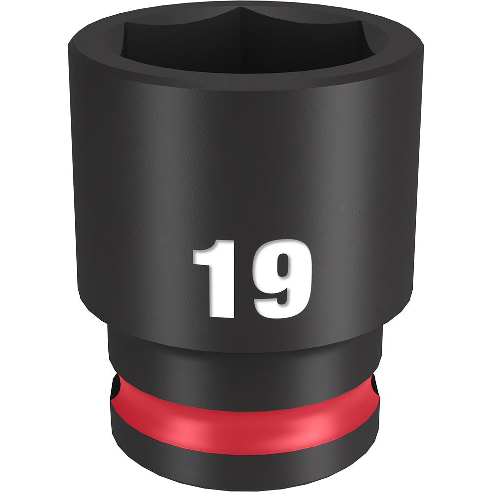 Black 19mm socket with 6-point opening and red band near base, marked with "19" on side.