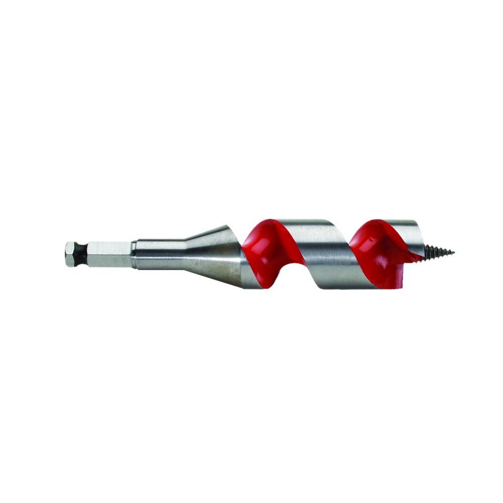 Silver and red ship auger bit with twisted flutes, hexagonal shank, and threaded tip for wood drilling.
