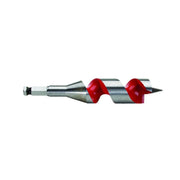 Silver and red ship auger bit with twisted flutes, hexagonal shank, and threaded tip for wood drilling.