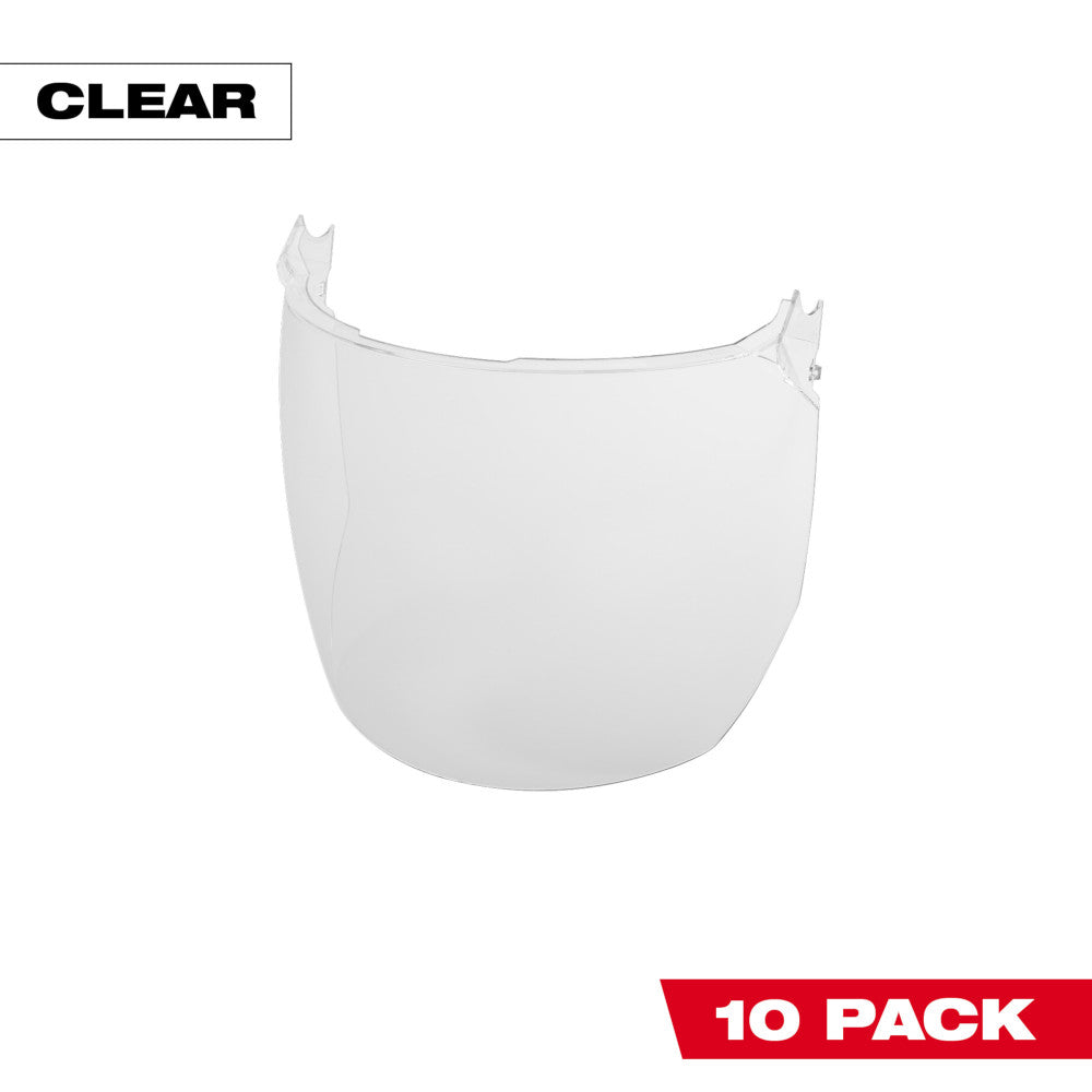 Clear curved face shield lens with mounting tabs for helmet and hard hat attachment.