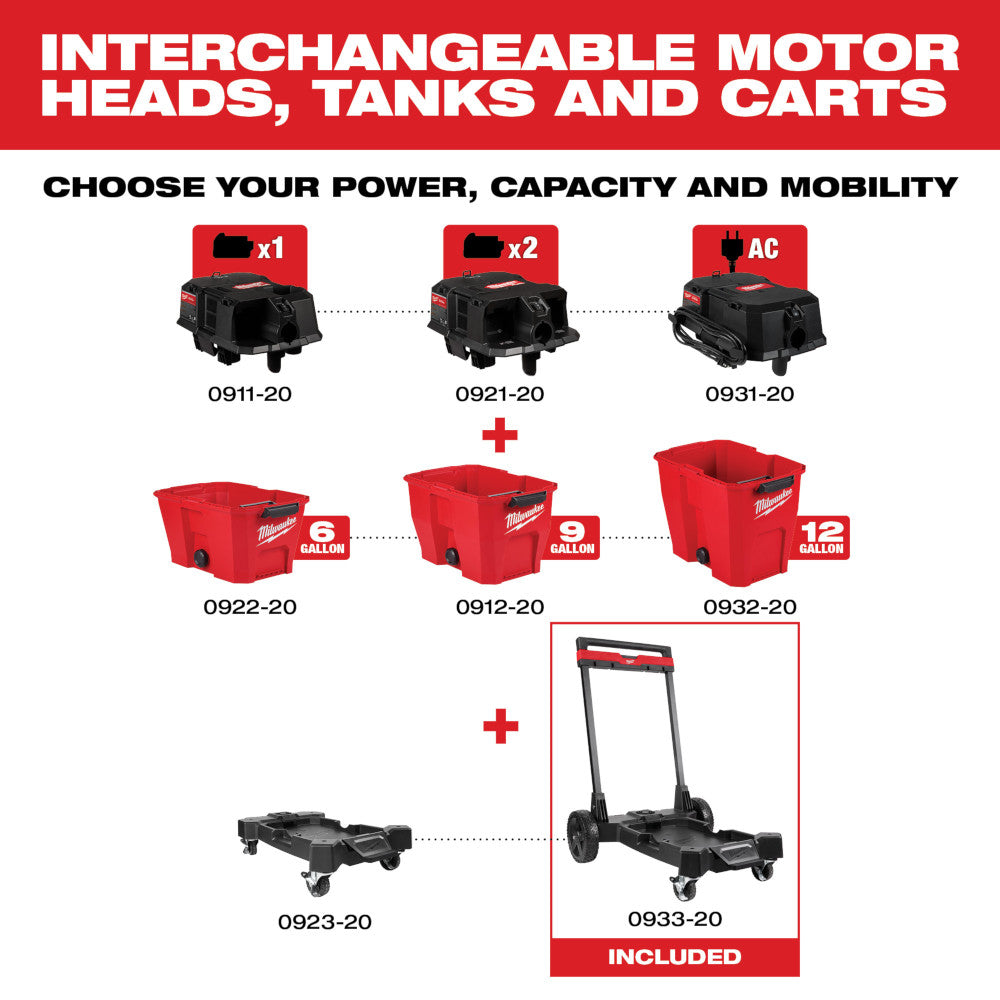 Black and red wet/dry vacuum cart with handle and wheels, model 0933-20, shown with interchangeable motor heads and tank opti