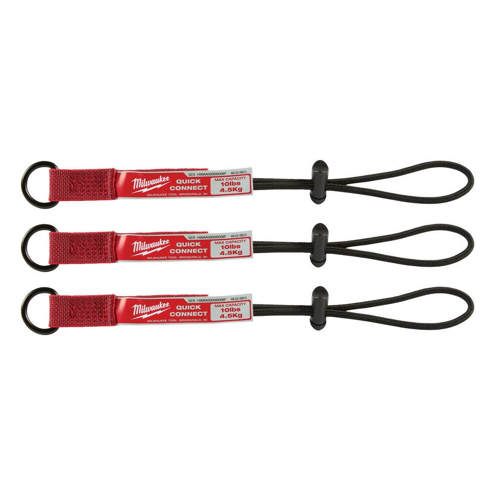Three red and black Milwaukee quick-connect accessory straps with loop handles and connector ends.