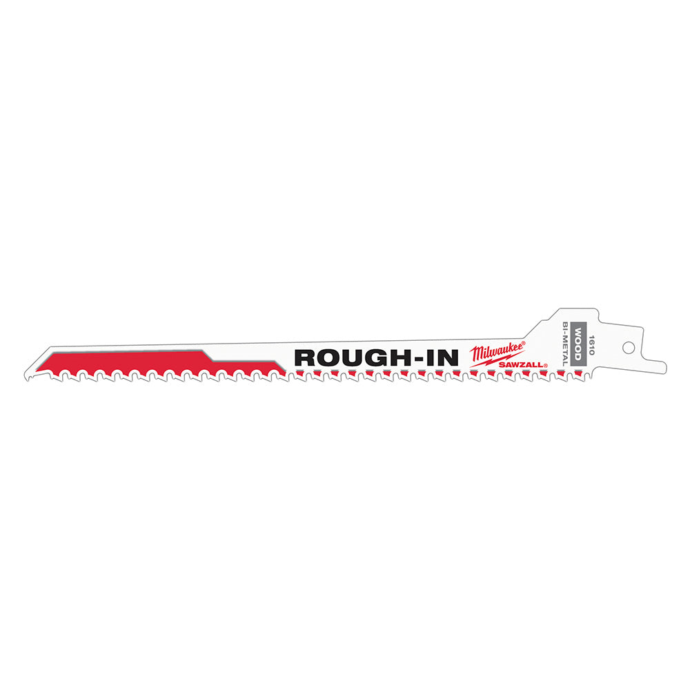 Milwaukee Rough-In SAWZALL blade with red cutting edge and mounting tang, labeled "BOUGH-IN" and "Milwaukee."