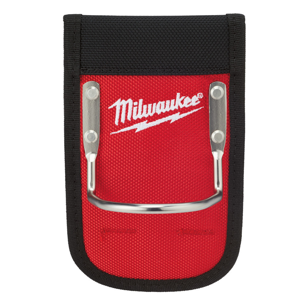 Red and black nylon hammer loop with metal rivets and curved steel bar attachment.