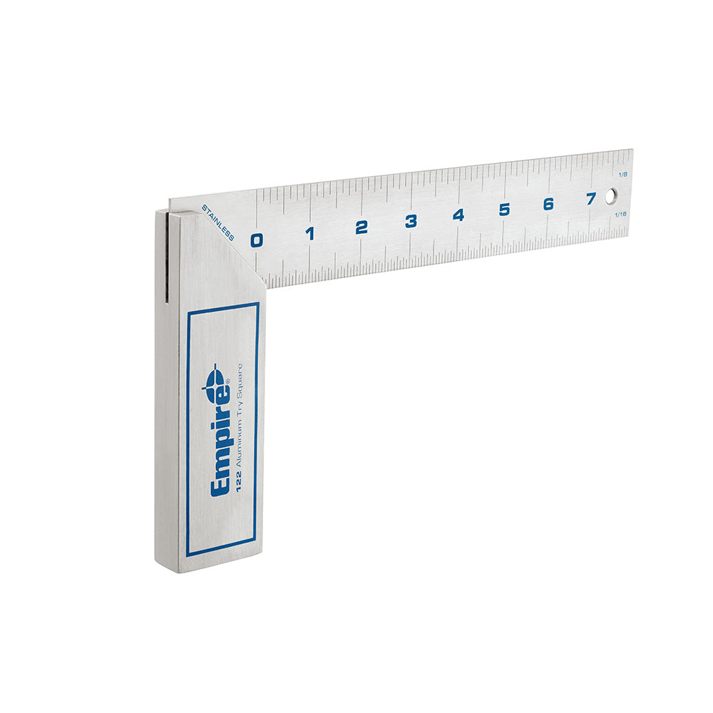 Silver aluminum try square with blue number markings, blue Empire branding on handle, and measurement ruler along blade.
