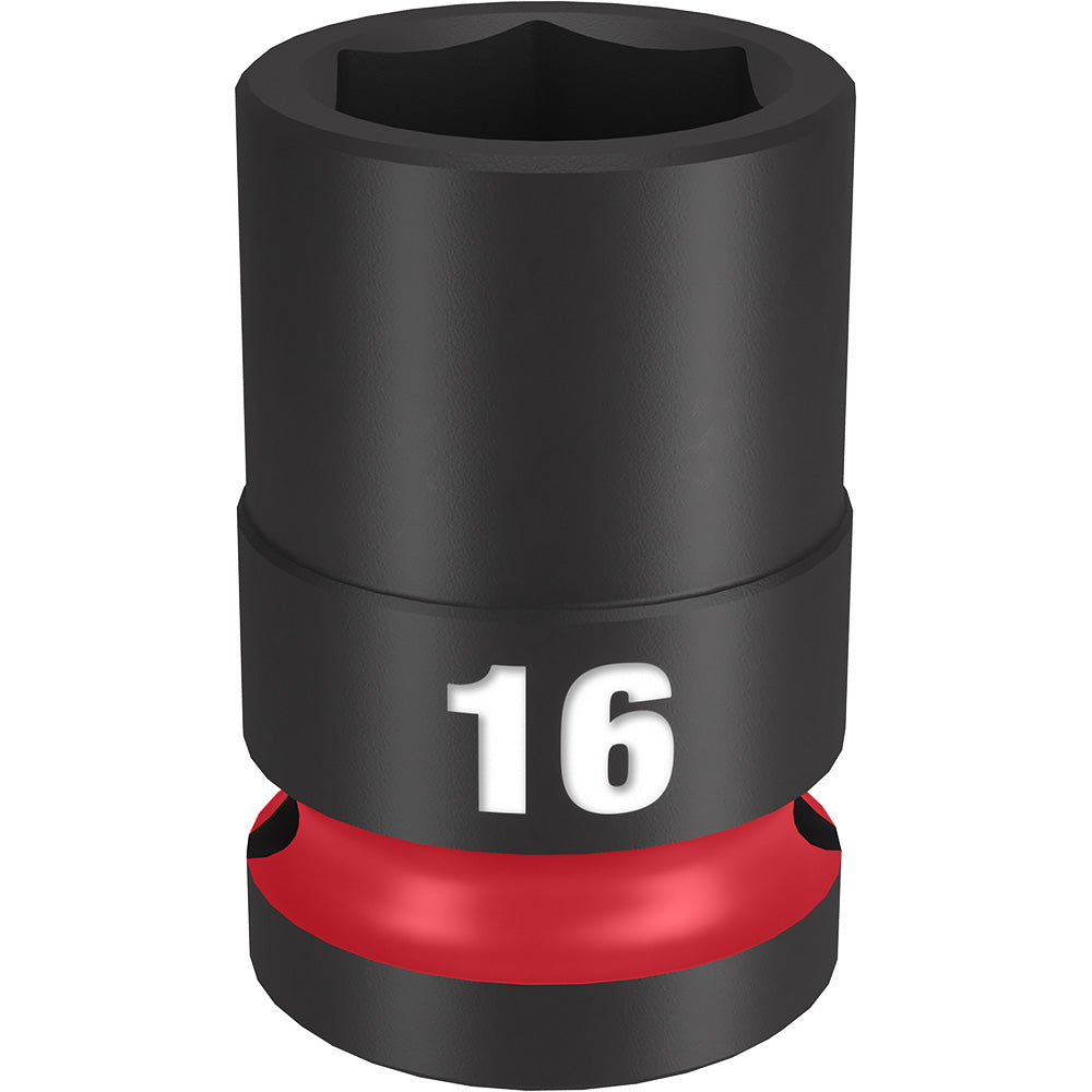 Black 16MM socket with six-point interior, 1/2" drive, red grip band at base.