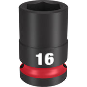 Black 16MM socket with six-point interior, 1/2" drive, red grip band at base.