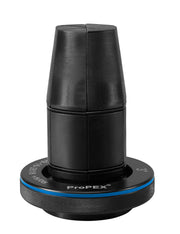 Black ProPEX expansion head with ribbed cone, blue band ring, and textured base labeled with ProPEX branding.