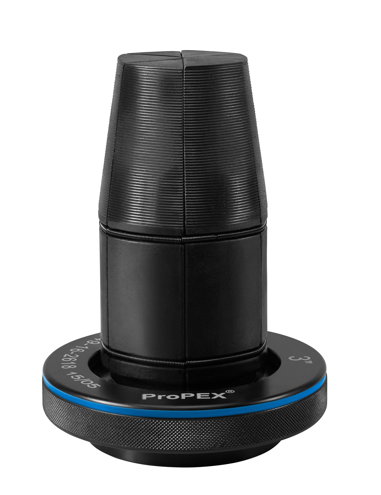 Black ProPEX expansion head with ribbed cone, blue band ring, and textured base labeled with ProPEX branding.