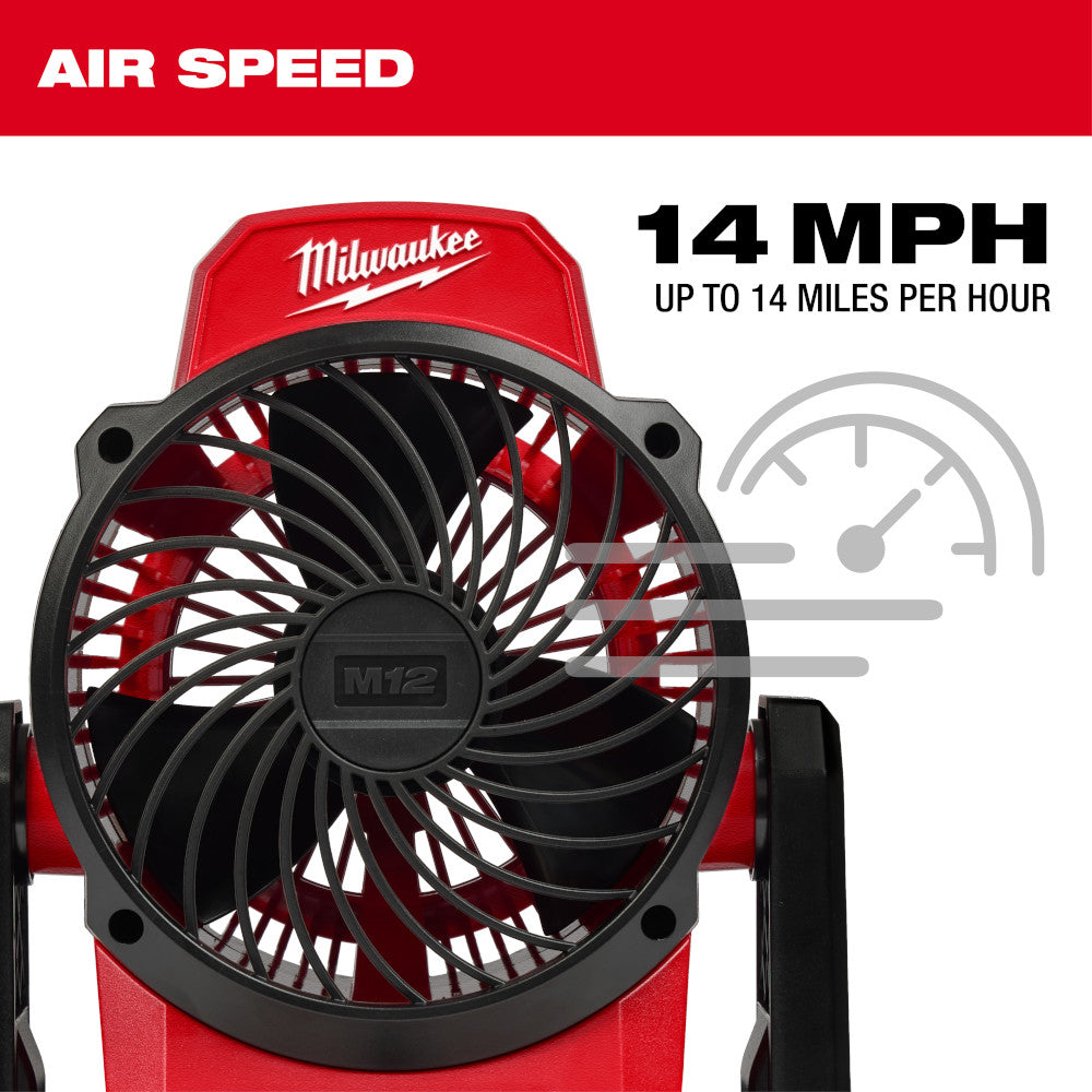 Red and black Milwaukee M12 mounting fan with black blades, displaying 14 MPH air speed specification.