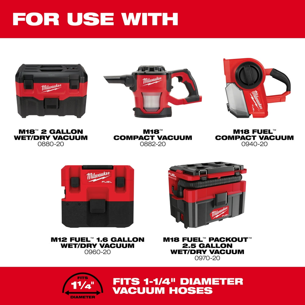 Black and red plastic adapter with 1 1/4" diameter connection, compatible with Milwaukee M18 and M12 vacuum models.
