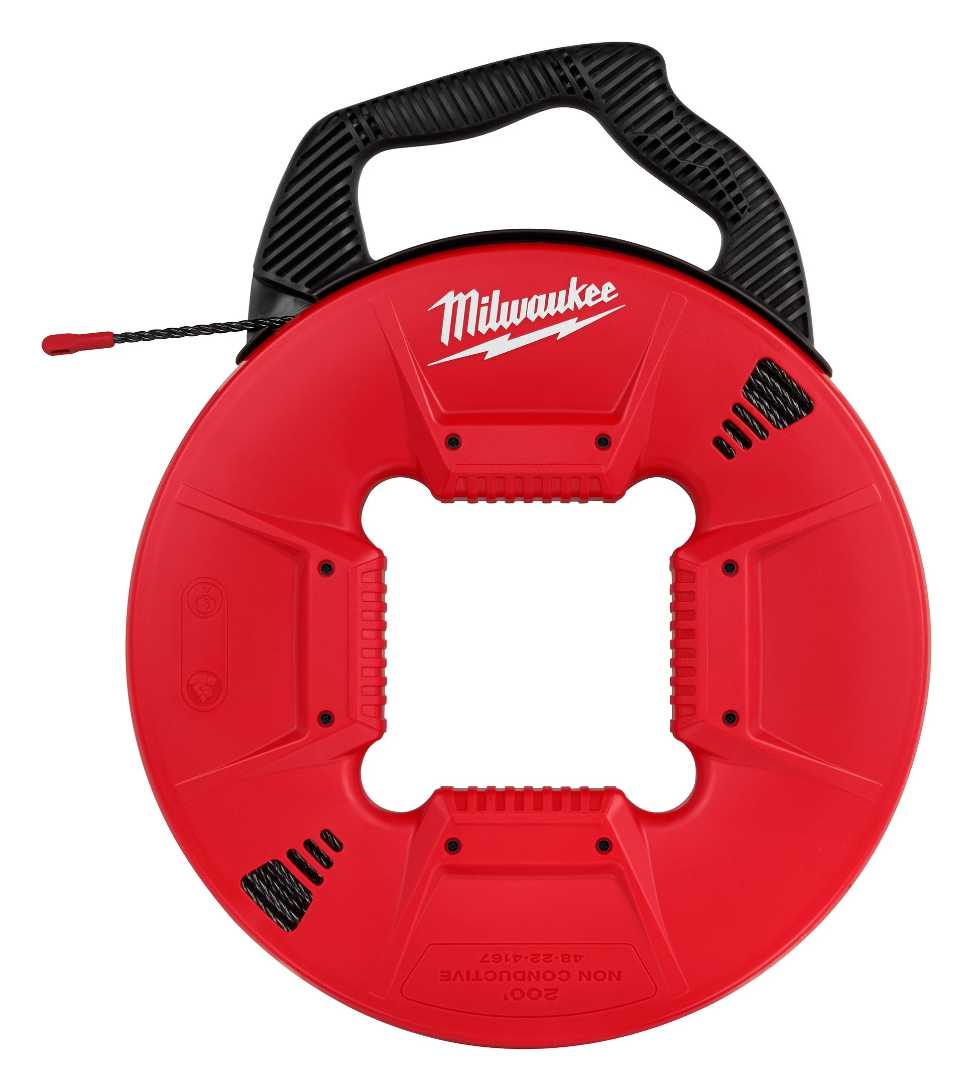 Red circular fish tape reel with black handle and Milwaukee branding, black polyester tape visible at top left.