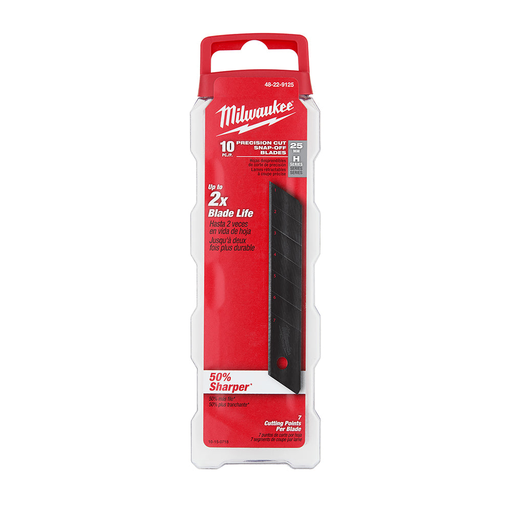 Milwaukee 48-22-9125 package containing 10 black 25mm precision snap-off blades with red cardboard backing.