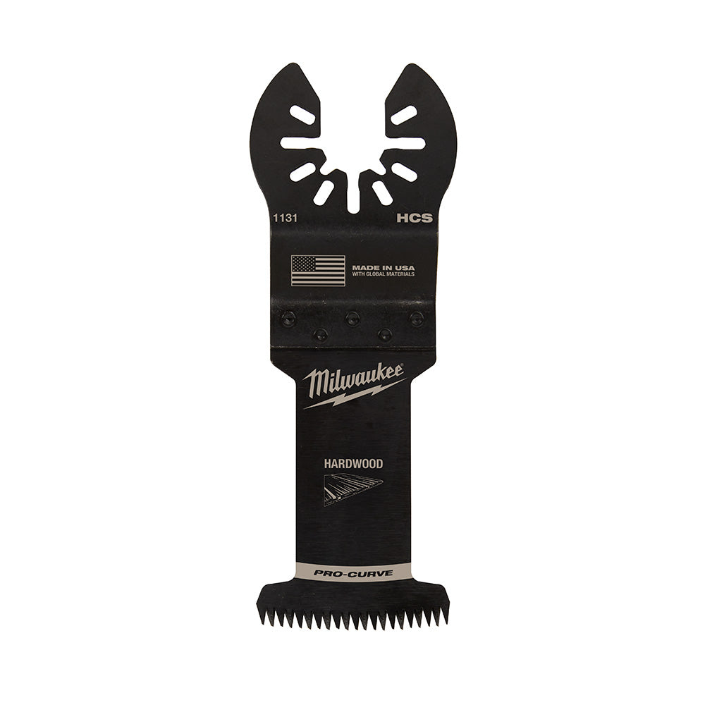 Black Milwaukee OPEN-LOK oscillating saw blade with Japanese tooth design and pro-curve shape for hardwood cutting.