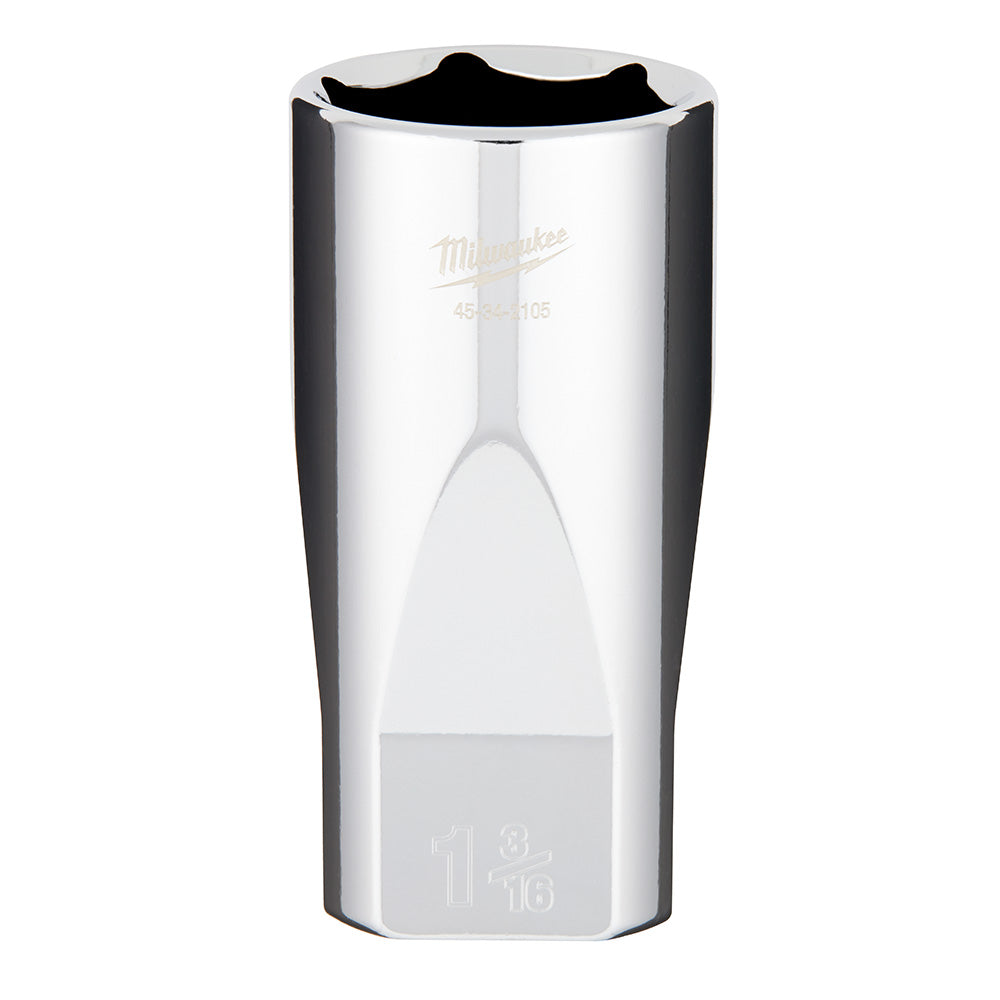 Polished chrome deep socket with 1/2" drive and 1-3/16" opening, Milwaukee branded.