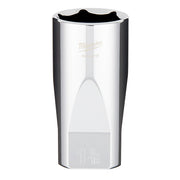Polished chrome deep socket with 1/2" drive and 1-3/16" opening, Milwaukee branded.