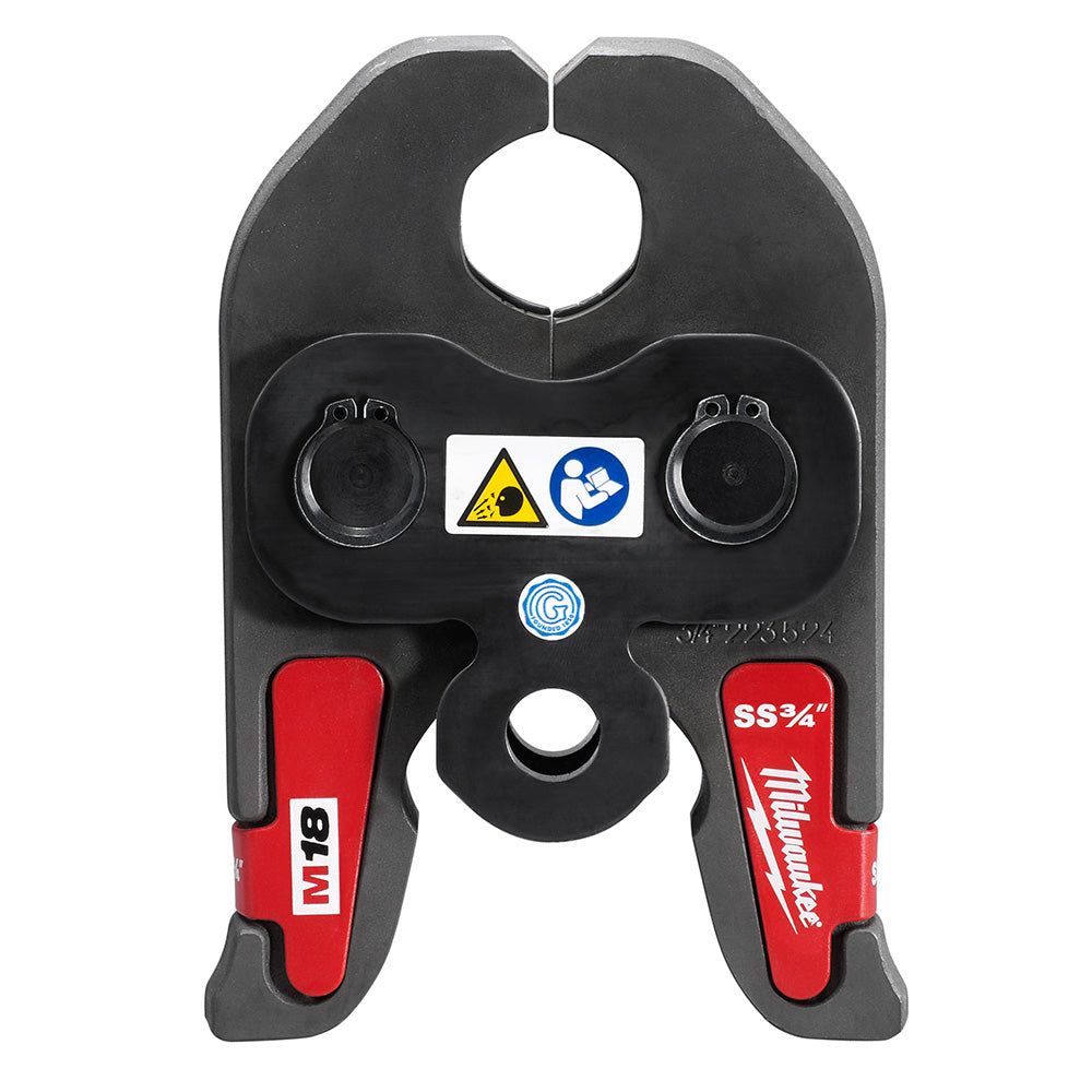 Black and red jaw tool with stainless steel grip head, two adjustment knobs, warning label, and M18 compatibility marking.