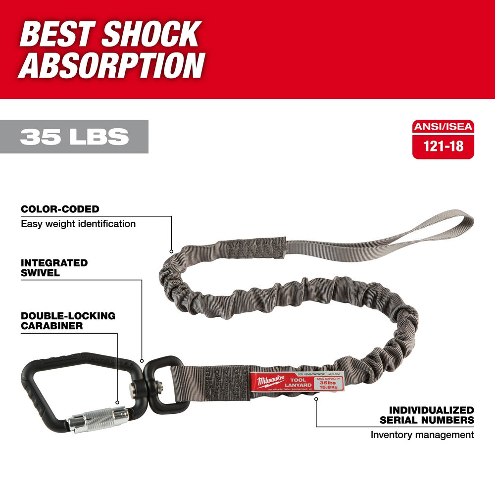Gray nylon tool lanyard with integrated swivel, double-locking black carabiner, and loop attachment end.