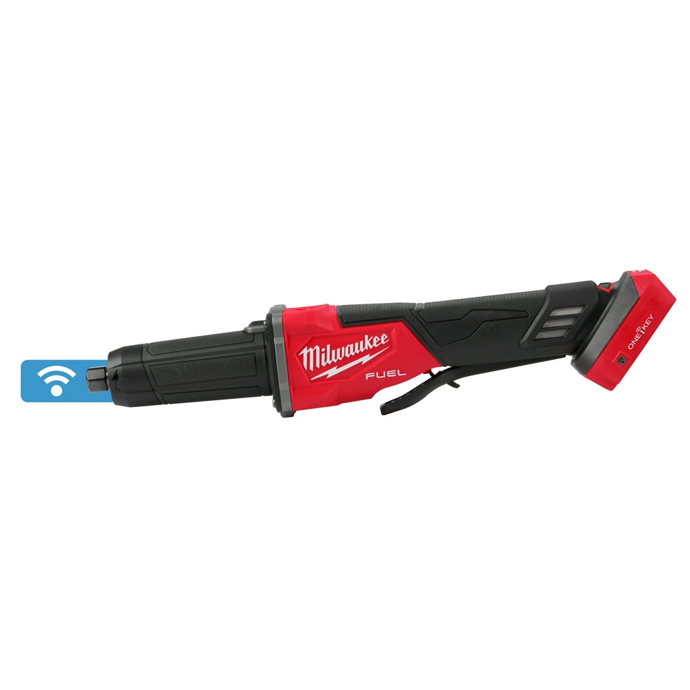 Milwaukee M18 FUEL die grinder with red and black housing, paddle switch, and ONE-KEY connectivity badge.