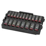 19-piece metric socket set in black plastic tray with numbered sockets ranging from 6mm to 24mm, featuring red accent bands.