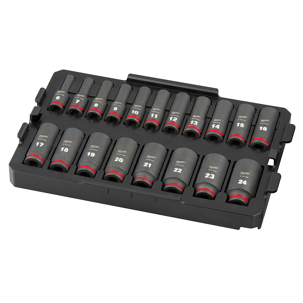 19-piece metric socket set in black plastic tray with numbered sockets ranging from 6mm to 24mm, featuring red accent bands.