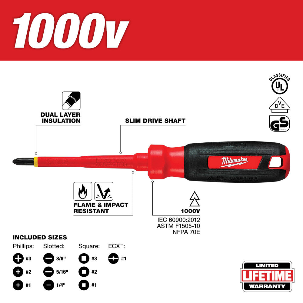 Milwaukee insulated screwdriver with red and black handle, dual layer insulation, slim drive shaft, and certification marking