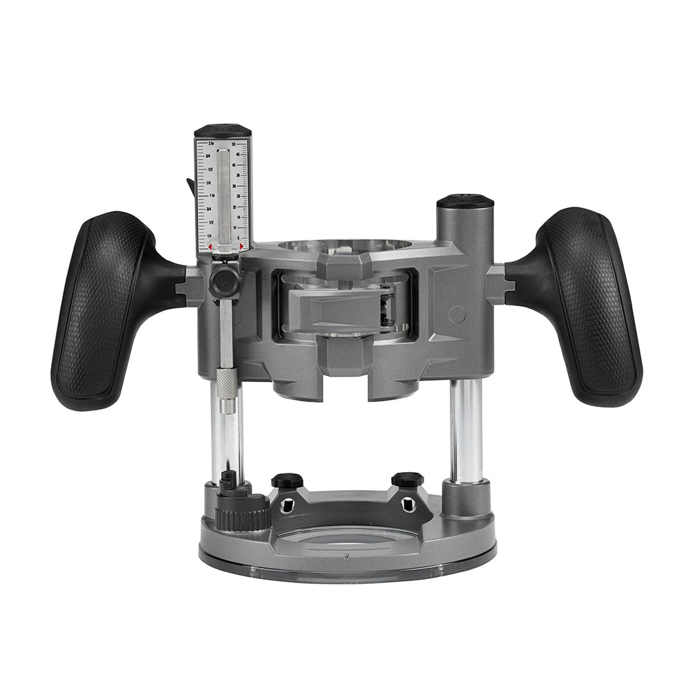 Milwaukee compact router plunge base with gray metal housing, dual black grip handles, depth adjustment scale, and circular b