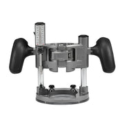 Milwaukee compact router plunge base with gray metal housing, dual black grip handles, depth adjustment scale, and circular b