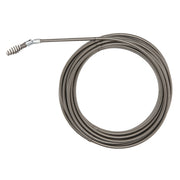 Coiled metal drain cleaning cable with drop head attachment and metal ferrule connector.