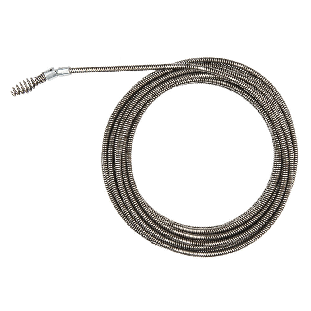 Coiled metal drain cleaning cable with drop head attachment and metal ferrule connector.