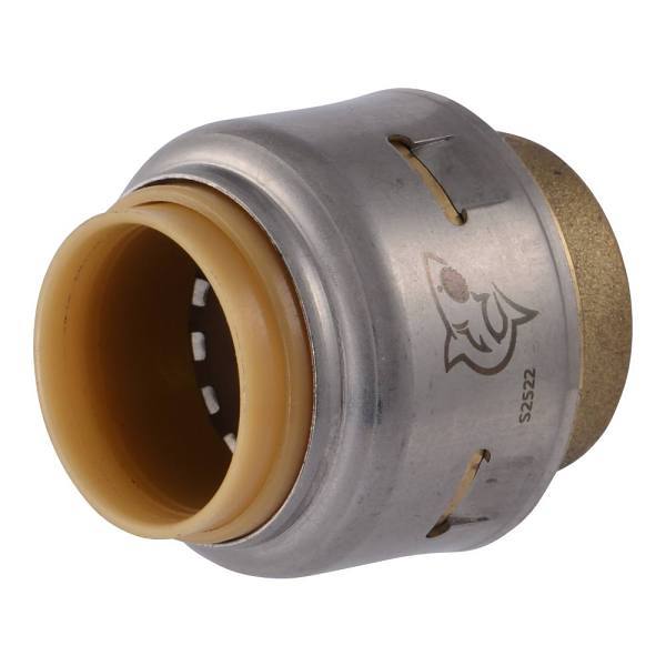 Brass push-fit end cap with gray metal collar and tan polymer insert, showing shark-bite logo and model number.