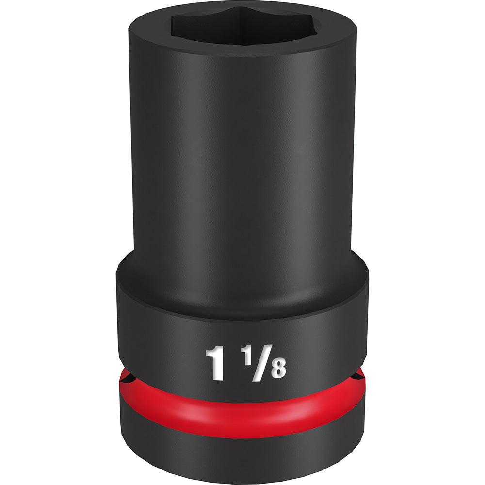 Black impact socket with 1-1/8" size marking and red grip band, 1" drive, 6-point design.