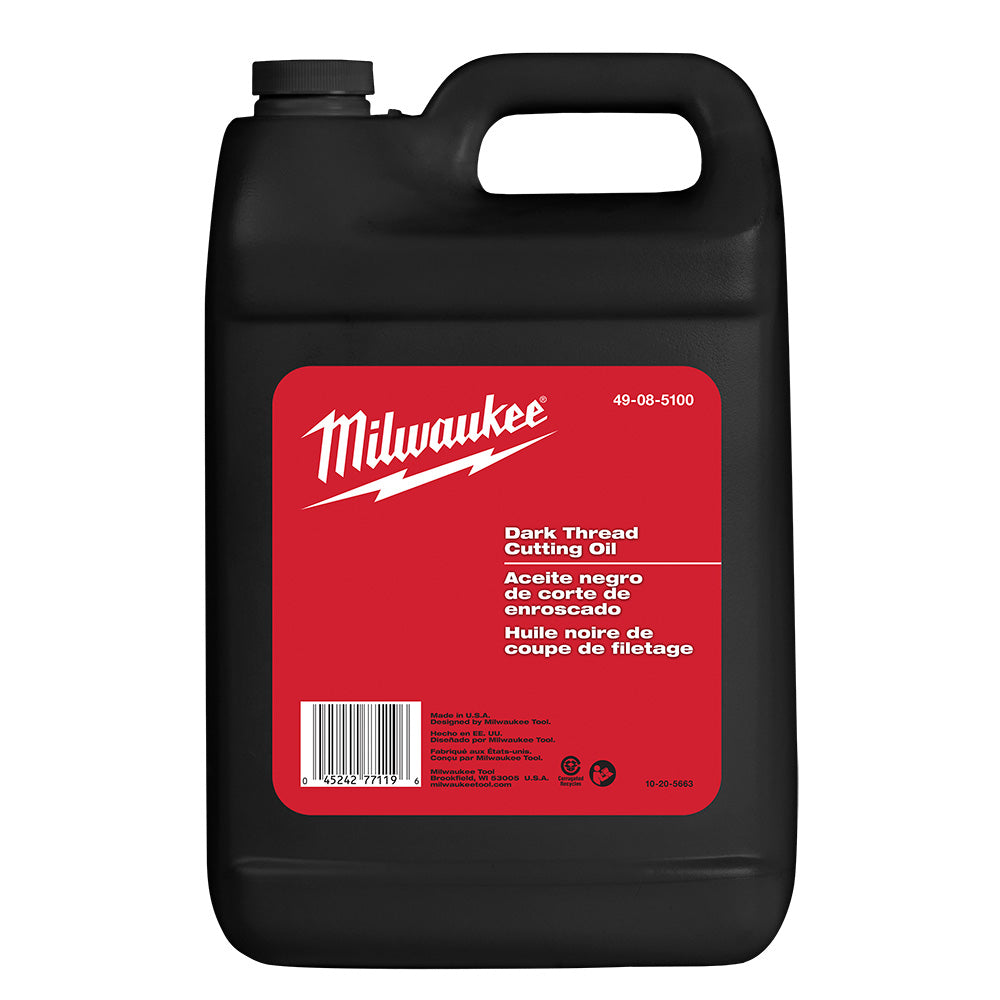 Black plastic jug of Milwaukee Dark Thread Cutting Oil with red label and handle.