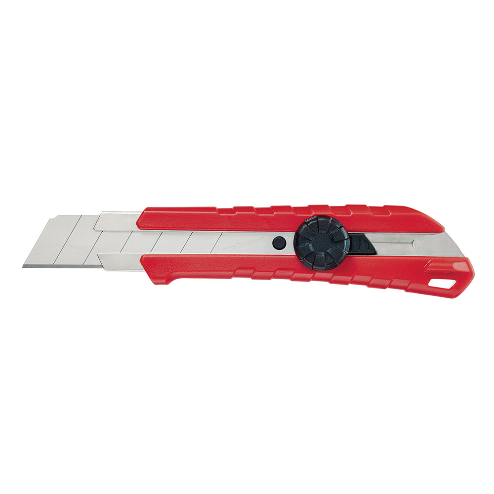 Red and silver snap-off utility knife with black adjustment wheel and segmented blade extended.
