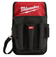 Red and black Milwaukee utility pouch with multiple tool pockets and shoulder strap.